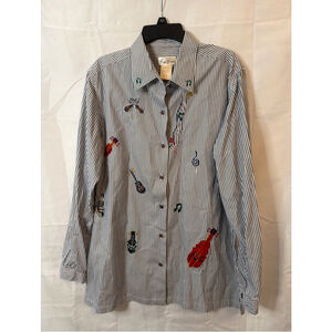 Bobbie Brooks Musical Instrument Embroidered Pinstripe Blouse Medium Momcore